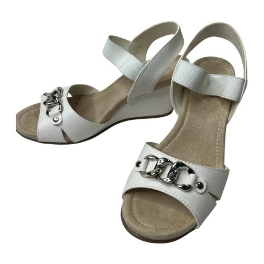 St John Bay White Wedge Sandals Chain Detail Elastic Ankle‎ Strap Open Toe sz 8